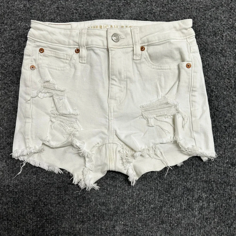 American Eagle Shorts Womens Size 0 White Distressed Denim Stretch Raw Hem High